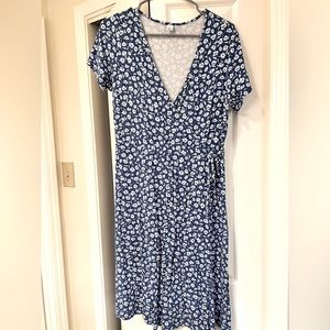 Blue and white floral wrap dress